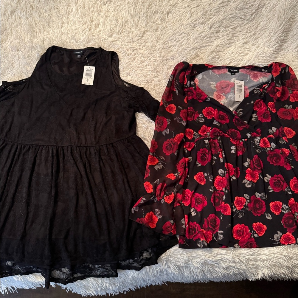 Torrid Black Lace shirt and Red Floral Blouse